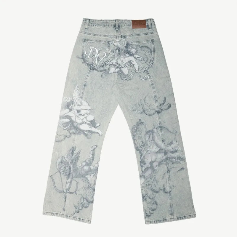 STORESDE Y2k Retro Baggy Jeans Trendy Cupid Angel Pattern Men Women Pants American Hip Hop Streetwear Unisex Casual Straight Leg Jeans