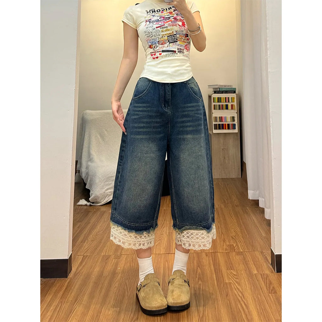 STORESDE American Retro Lace Denim Shorts Women Summer New Fashion Washed Splice Seven-Quarter Wide Leg Jeans Trendy Mid-Length Pants