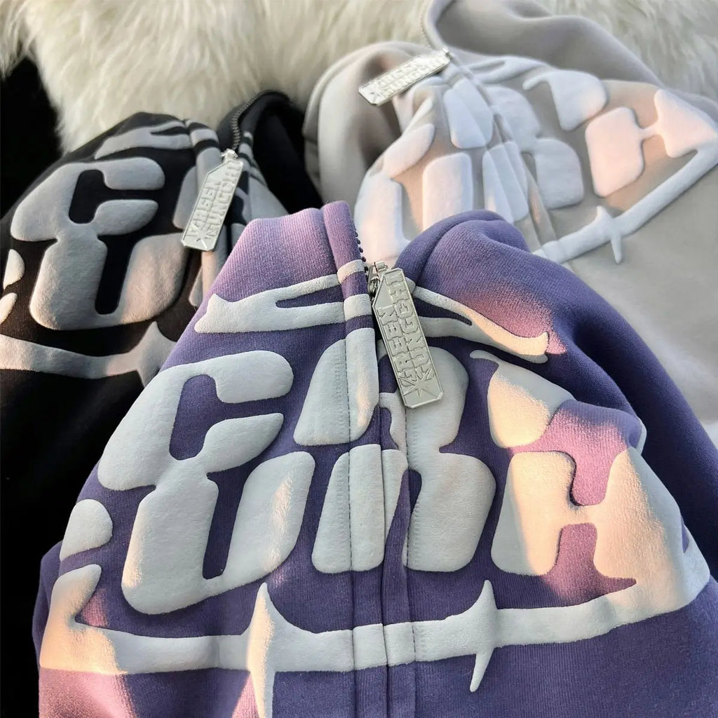 STORESDE Y2K American Letter Printed Zip-up Hoodies Women Street Fashion Harajuku Style Sweatshirt Couple Casual Loose Plus Velvet Hoodie