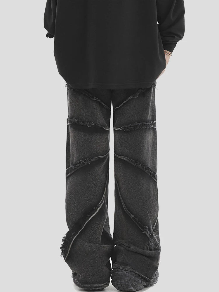 STORESDE New National Tide Couples American Raw Edge Stone Mill Washed Jeans Y2K Gothic Punk Style Loose Straight Tube Make Old Trousers