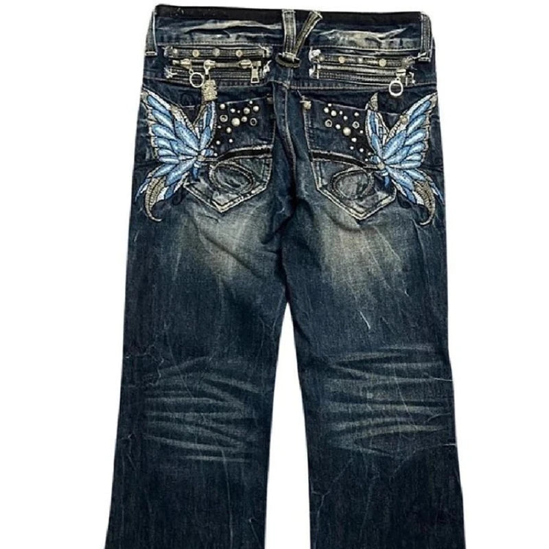 STORESDE American Fashion High Street Large Size Butterfly Embroidered Women Jeans Y2K Millennium Harajuku Slim Flared Jeans