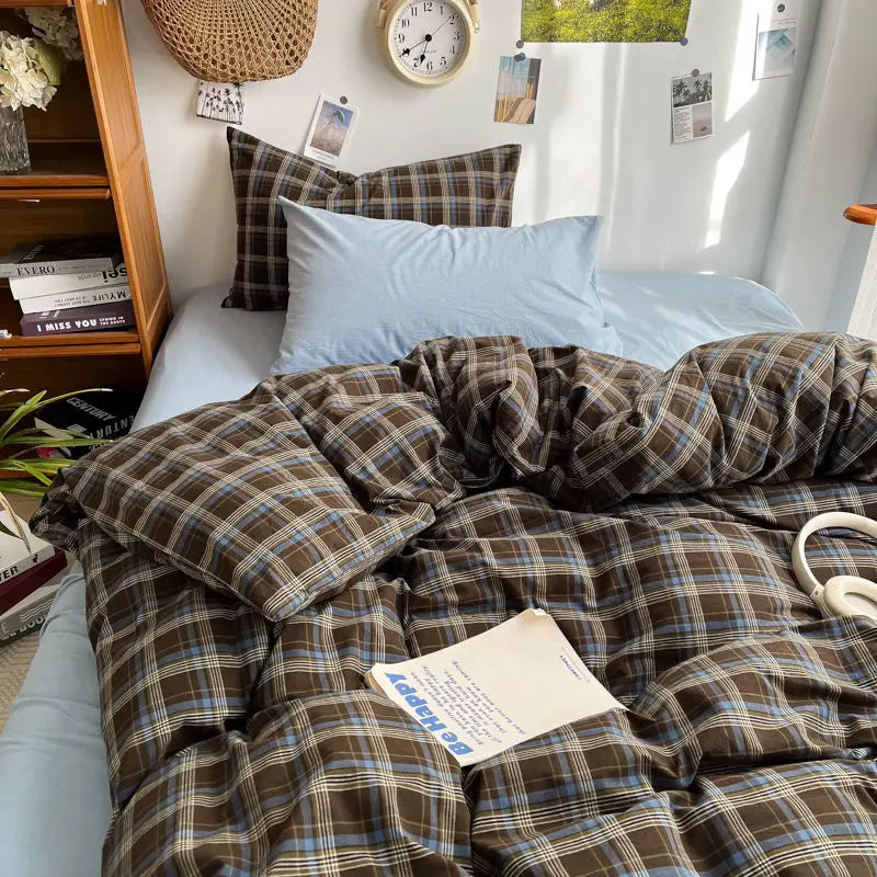 STORESDE Bedding Set Ins Ambiance Blue Coffee Grid Mixed With Washed Cotton Minimalist Four Piece Set Fitted Sheets Duvet Cover