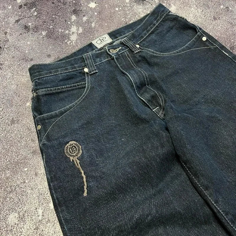 STORESDE Y2k Hip Hop American Wide Leg Pants Gothic Zipper Skull Embroidered Jeans Men Harajuku Vintage High Waist Casual Jeans Unisex