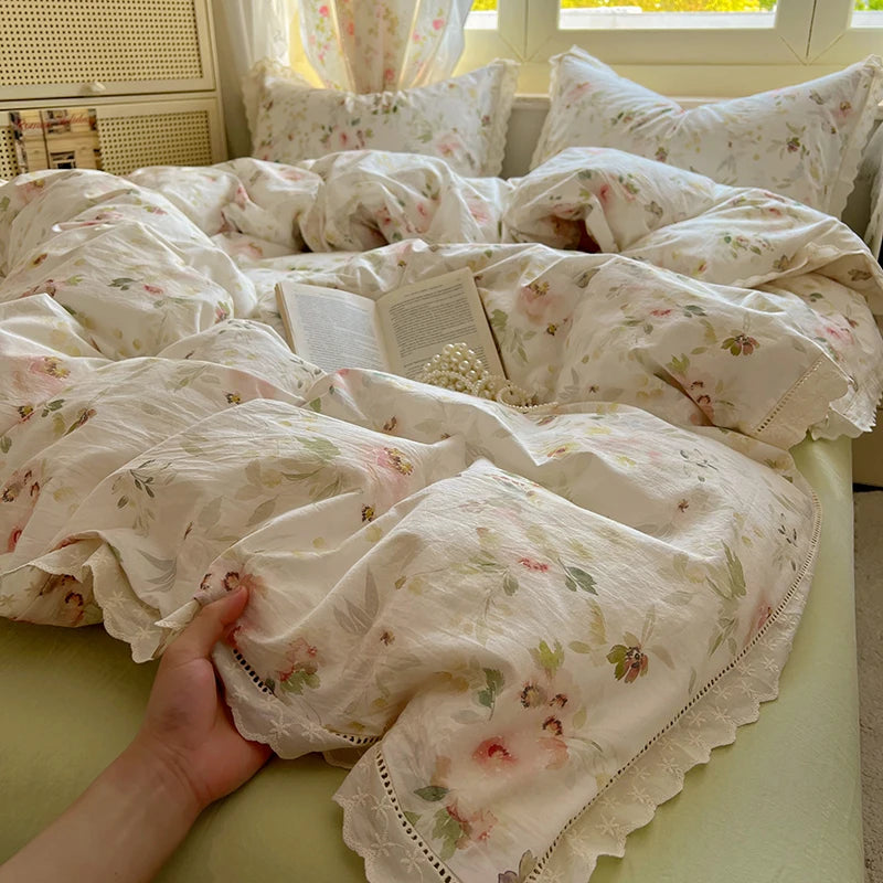 STORESDE Washed Cotton Duvet Cover Sets Single/Queen/king Flower Printed Bedding Set Princess Style e housse de couette 220x240 with Lace