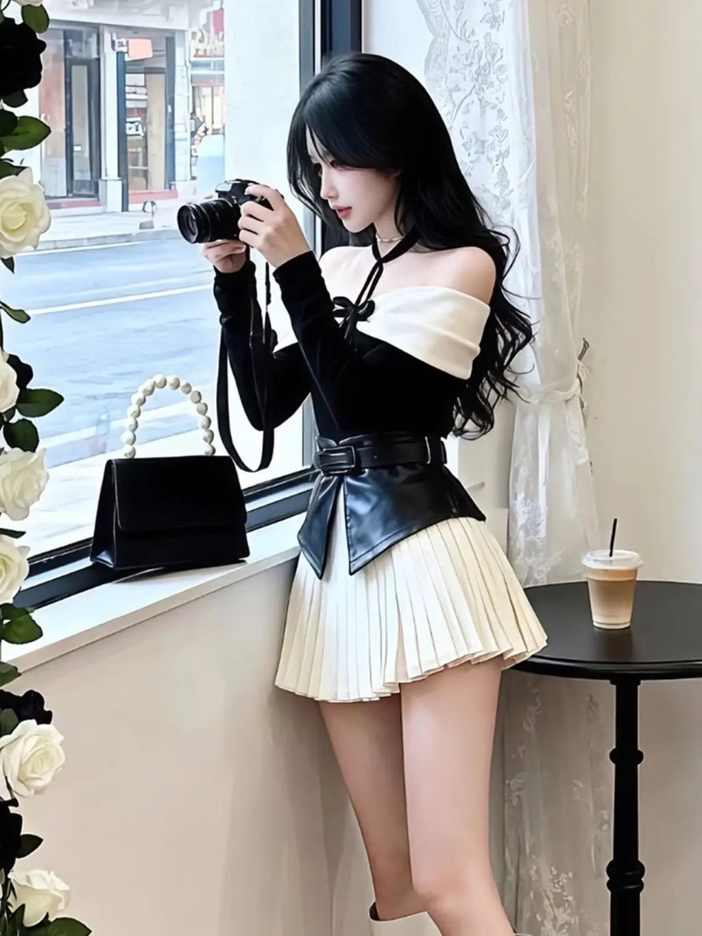 STORESDE Autumn Winter French Style One-Shoulder Butterfly Knot Waist Seal Splice Slit Slimming Half Skirt Set Sweet Lolita Top Bottom En