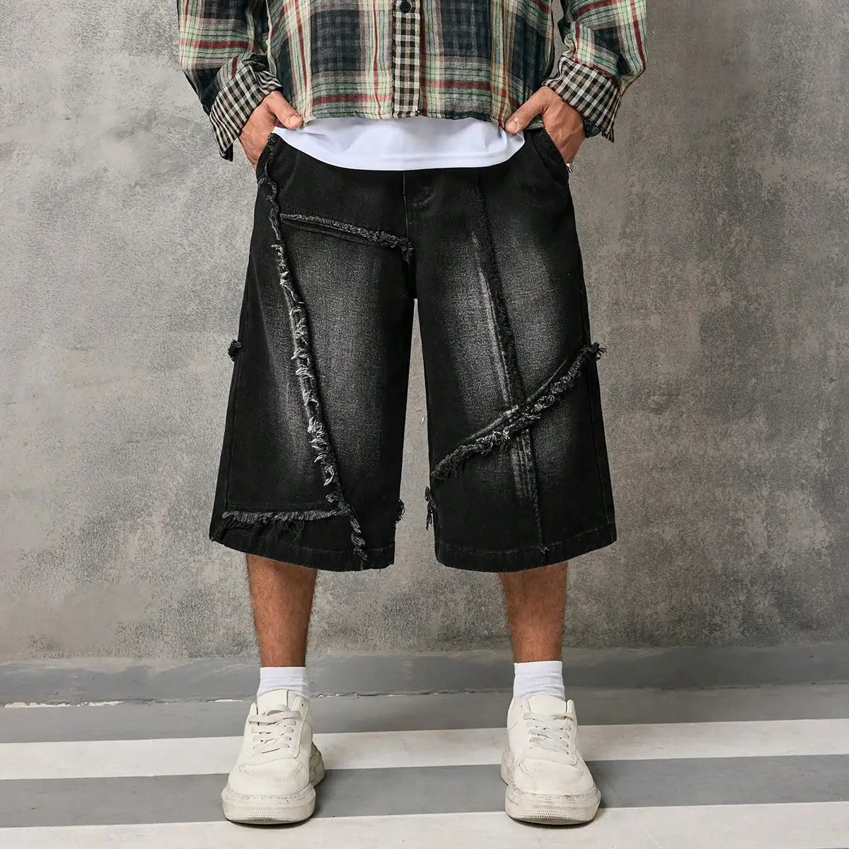 STORESDE Men's Vintage Distressed Denim Three-Quarter Capri Shorts Baggy Fit Frayed Edge Patchwork High Street Summer Streetwear