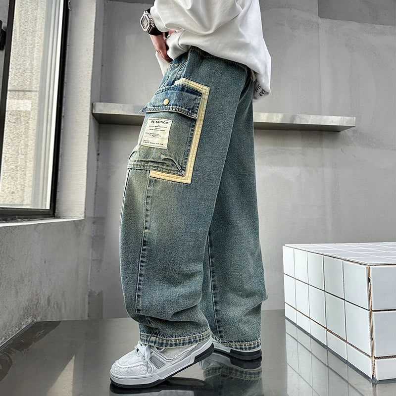 STORESDE New Design Children Relaxed Fit Straight Leg Cargo Jeans for Teenage Boys Loose Denim Pants with Pocket Kids Casual Trousers