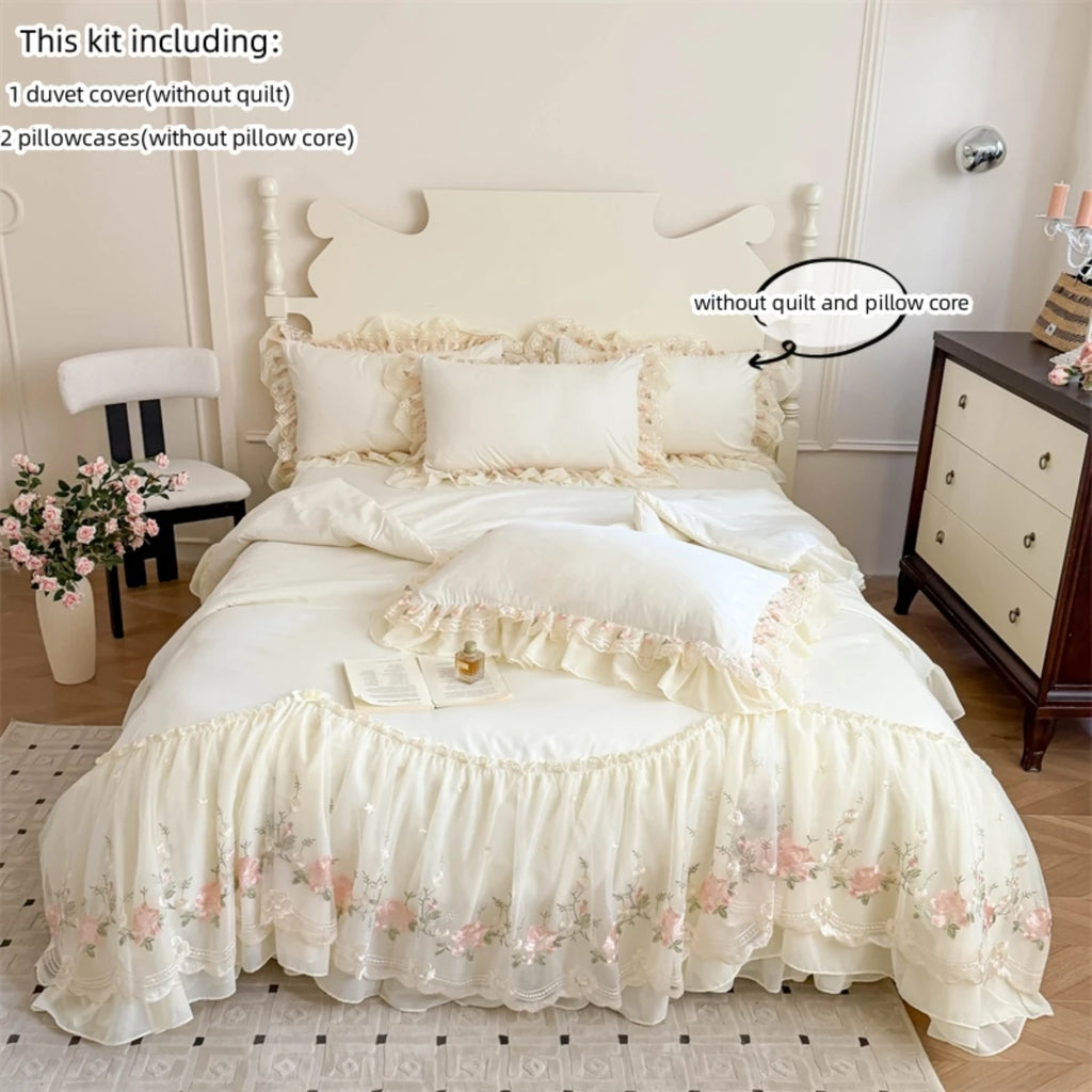 STORESDE 3pcs Korean style Duvet Cover Set (1*Duvet Cover + 2*Pillowcase, Without Core), Lace embroidery Bedding Set