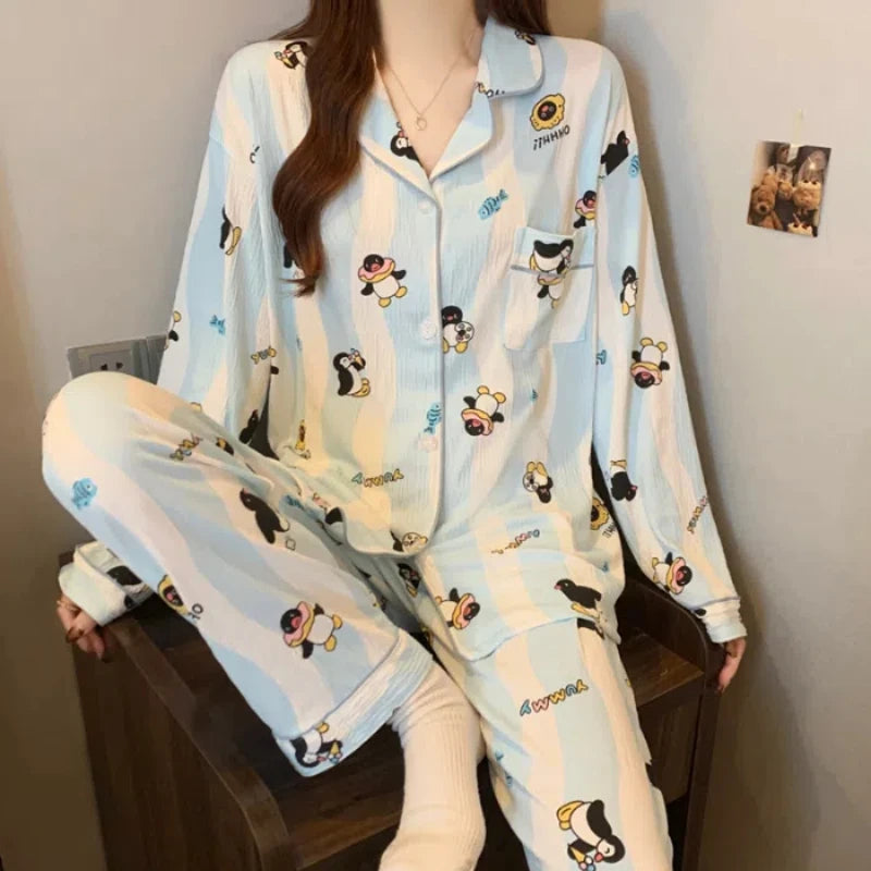 STORESDE Cartoon Cute Penguins Print Women's Pajamas Fashion Blue White Striped Milk Silk Homewear 2025 Spring Fall New Casual Sleepwear