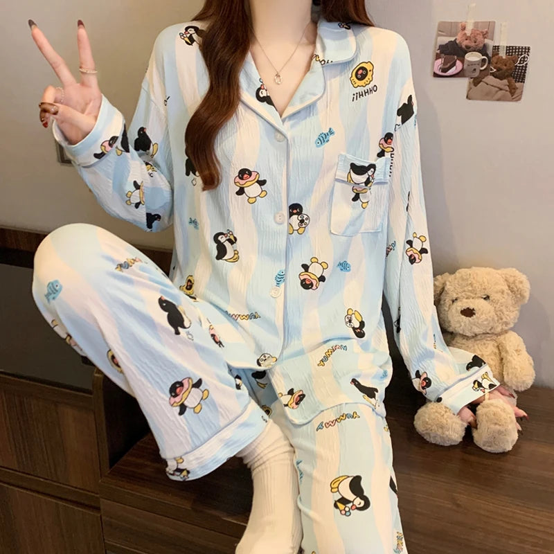 STORESDE Cartoon Cute Penguins Print Women's Pajamas Fashion Blue White Striped Milk Silk Homewear 2025 Spring Fall New Casual Sleepwear