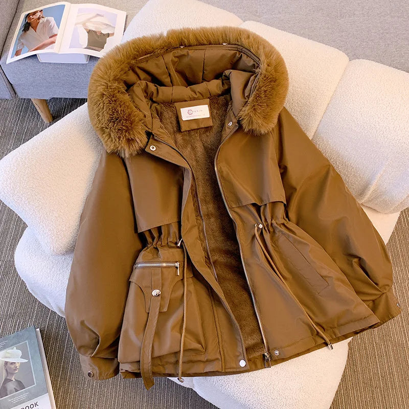 STORESDE Fleece Lined Hood Down Jacket Winter Coat for Women Warm Drawstring Padded Parkas Korean Casual Streetwear Female Puffer Outwear