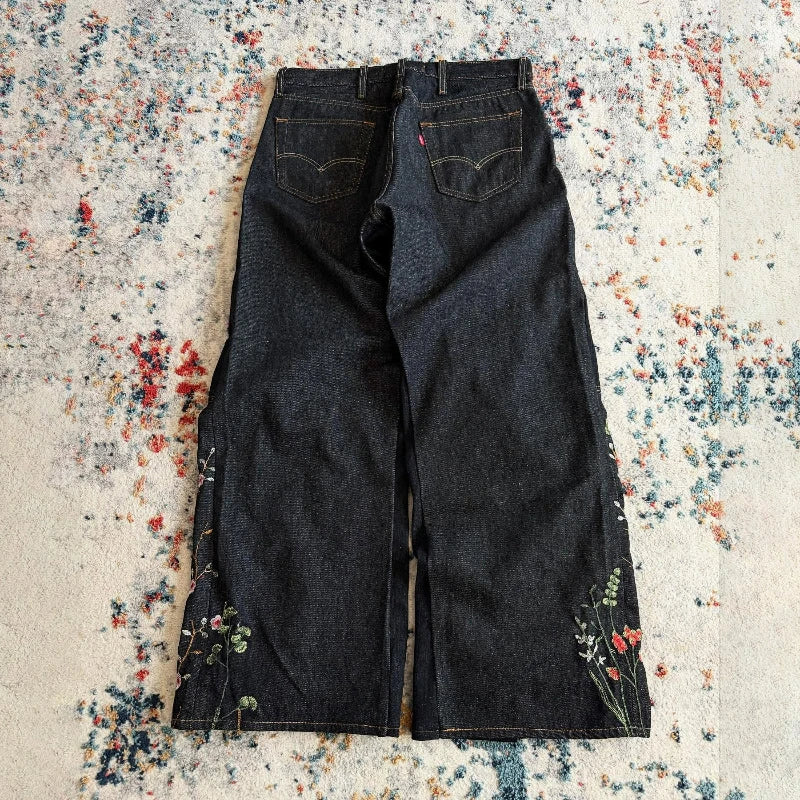 STORESDE Y2K Floral Baggy Jeans Retro Blossom Embroidery Streamlined Unisex Streetwear Gothic High Street Oversized Wide Leg Men Pants