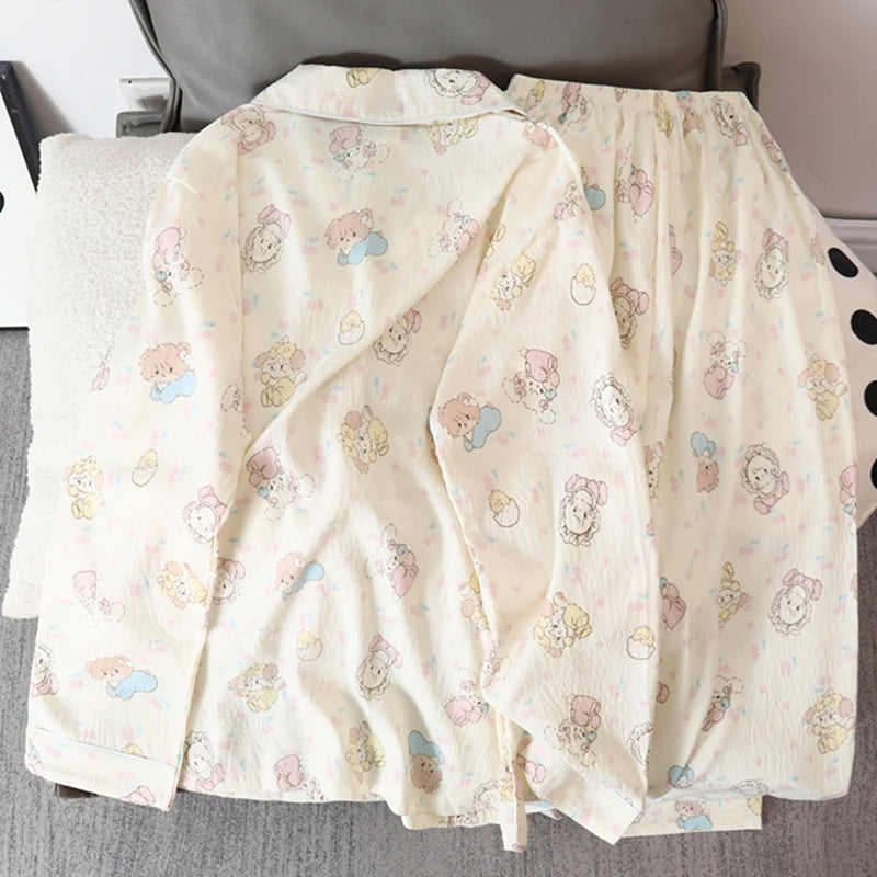 STORESDE Korean Sweet Cute Cartoon Cat Print Women's Pajamas Kawaii Casual All-match New Pajamas Set for Women Autumn V-neck Nightwear