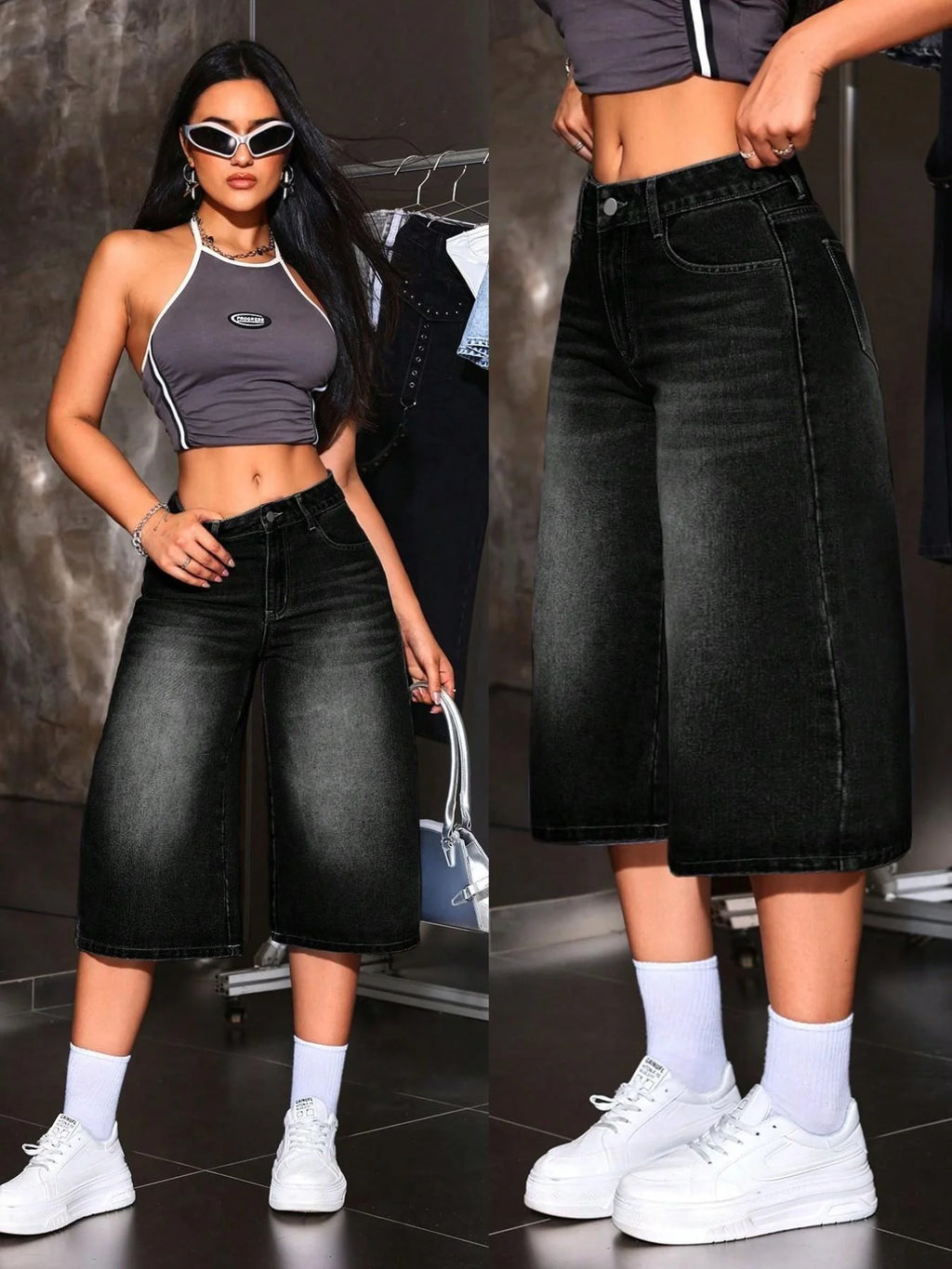 STORESDE American Retro Hot Girl Style Distressed Fleece Hem Jeans Mid-Thigh Pants, Must-Have Streetwear, High Waist Loose-Fitting Casual
