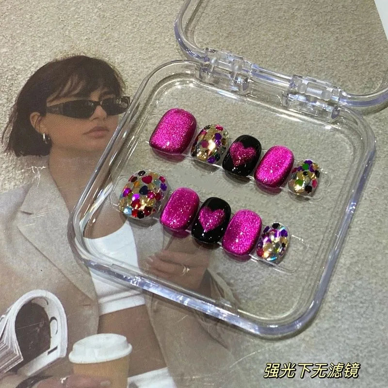 STORESDE 10pcs Handmade press on Nails Dragon Fruit Crystal Cat's Eye Glittering Heart Fake Nail for Women&Girl Removable wearable Nail