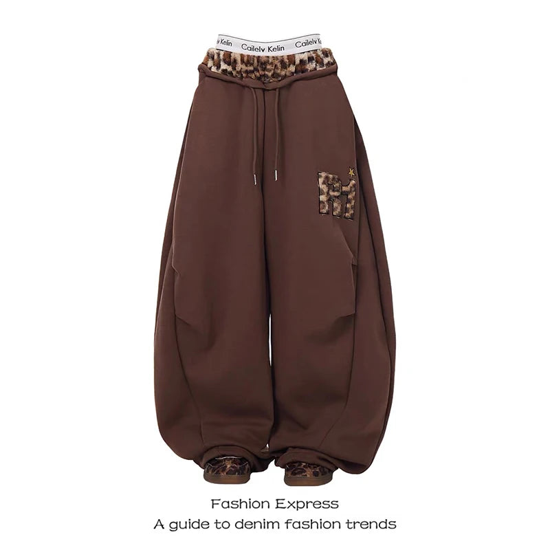 STORESDE ZHIZOU Women Brown Sweatpants Baggy Leopard Patchwork Pants Harajuku Aesthetic 2000s Style Y2k Vintage Oversize Trousers Autumn