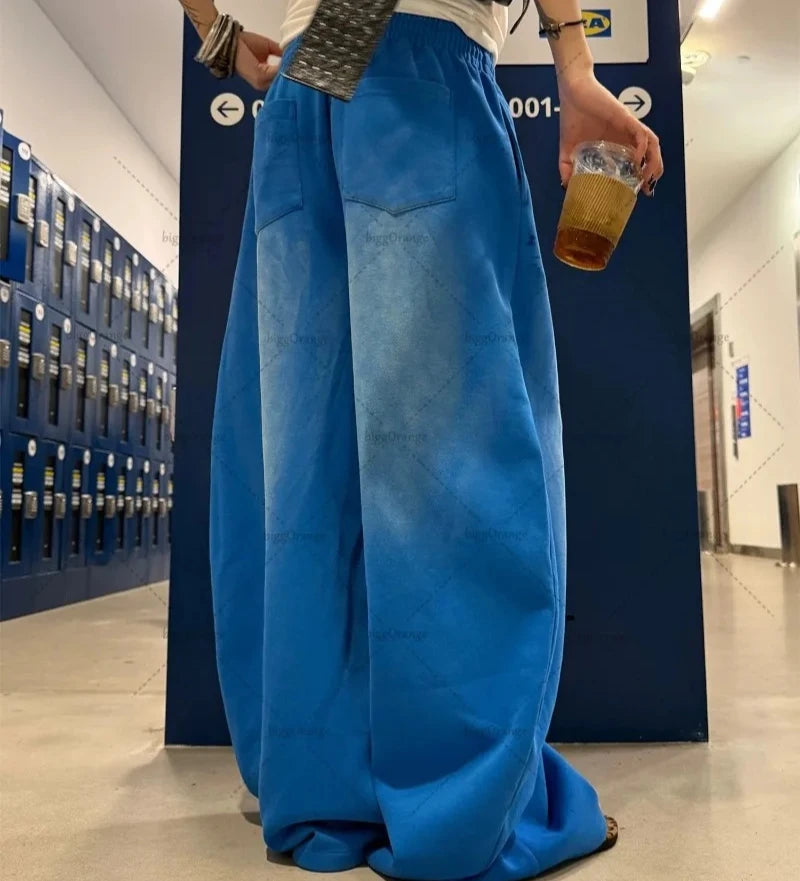 STORESDE Y2K Harajuku Blue Casual Hip-Hop Retro Sweatpants Street Pants Rock Roll Women's Trendy Oversized Washed Loose Wide-Leg Pants