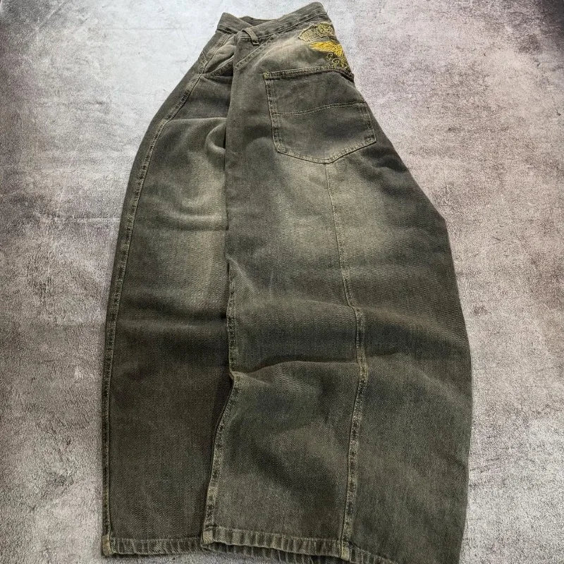 STORESDE American New Fashion Old Yellow Washed Baggy Jeans Ladies Y2K Gothic Hip Hop Vintage Casual High Waist Wide Leg Pants