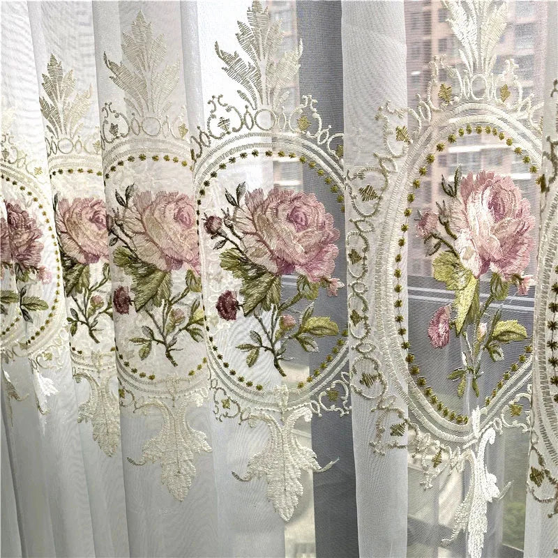 STORESDE American Luxury Peony Embroidery Tulle Curtain For Living Room European Elegant Flower Embroidery Sheer Voile Drapes For Bedroom