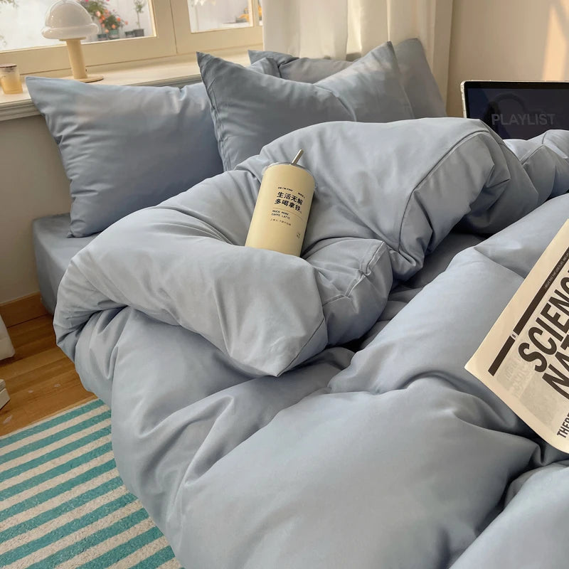 STORESDE Cotton Bedding Set 4pcs with Solid Bed Sheet Duvet Cover Pillowcases Single Couple Bedsheet King Queen Double Twin Size