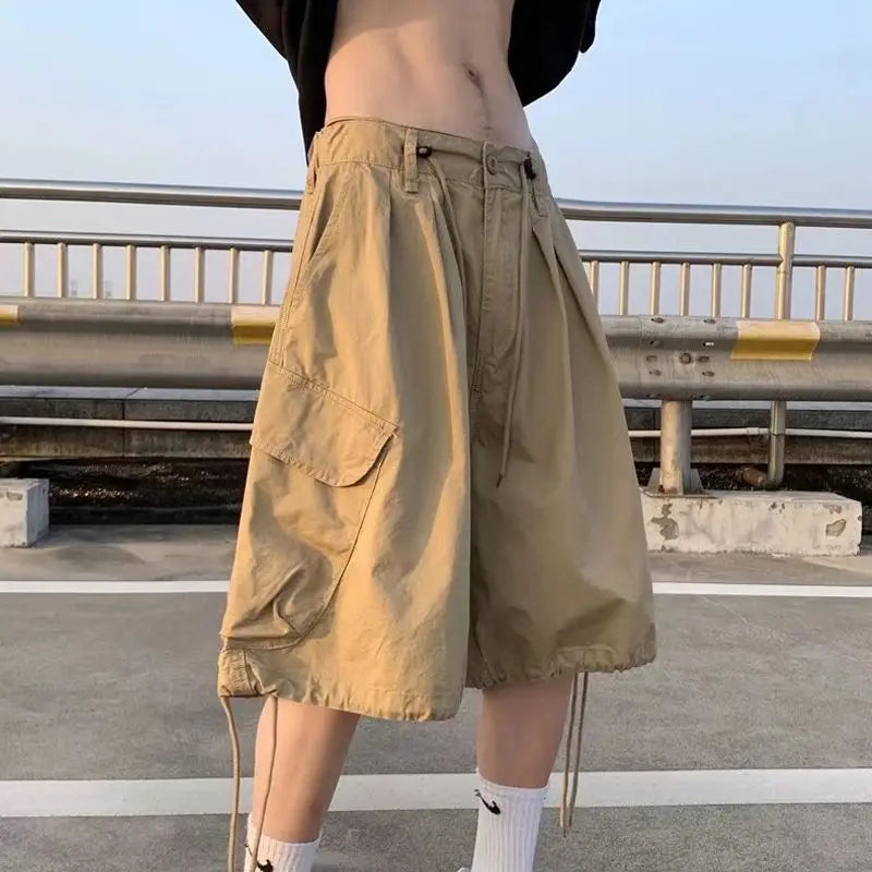 STORESDE Khaki 7-point Men Summer Thin Japanese Workwear Wide-leg Loose Over-knee Shorts