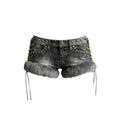 STORESDE Y2k Spice Girl Washed Retro Fluff Splicing Rivet Denim Shorts Women's Low Waist Wide Leg Hot Pants