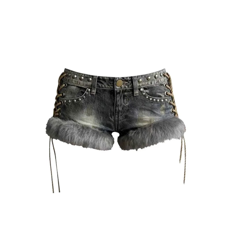 STORESDE Y2k Spice Girl Washed Retro Fluff Splicing Rivet Denim Shorts Women's Low Waist Wide Leg Hot Pants