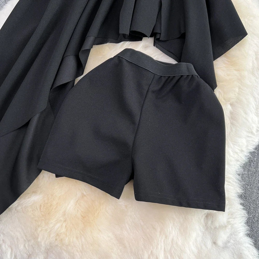 STORESDE 2pcs Sets Women Outfits Fashion Strapless Irregular Skinny A-line Dresses+elastic High Waist Solid Wide-leg Shorts Femme Suits