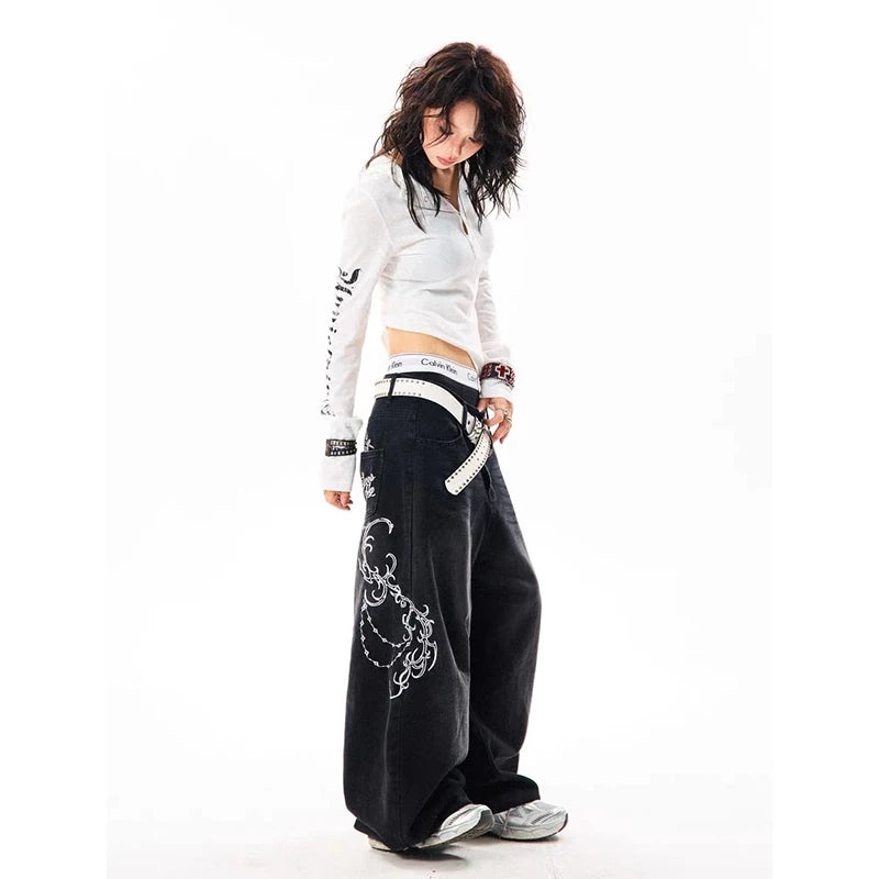 STORESDE YIBASHU Women Vintage Embroidery Y2K Baggy Jeans Female High Waist 2000s Wide Leg Denim Pants American Retro Harajuku Trouser