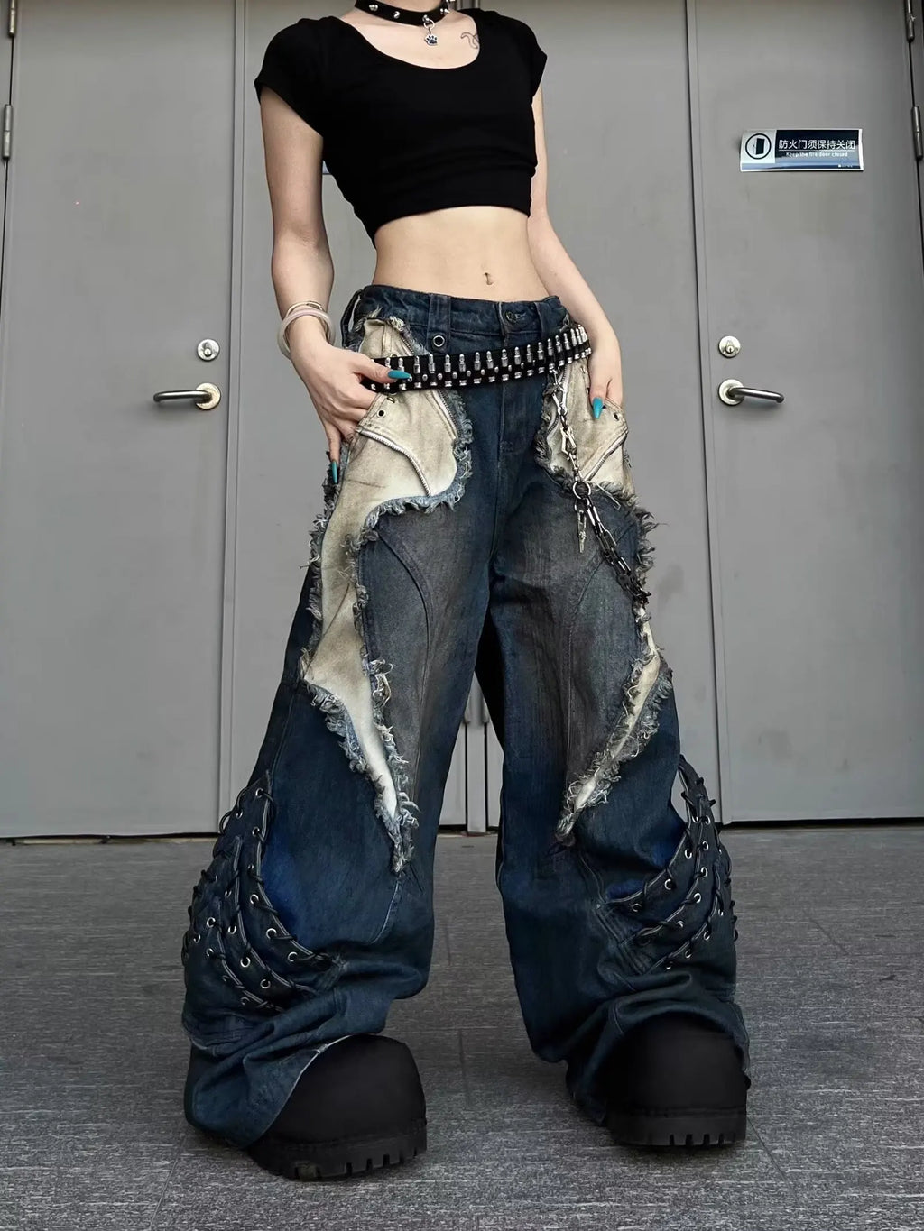 STORESDE Vintage Patchwork Distressed Jeans Hip Hop Loose Wide Leg Cargo Pants Women's Washed Distressed Denim Trousers