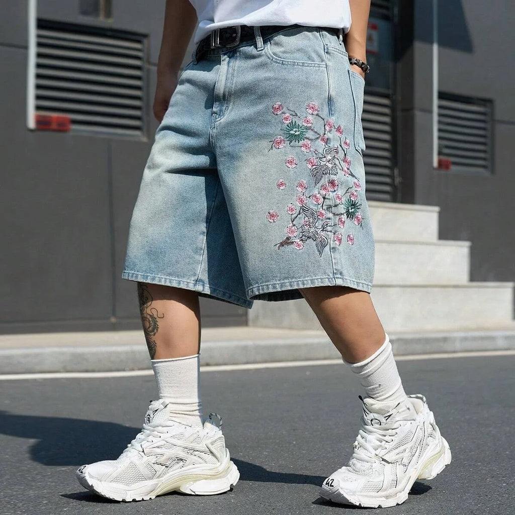 STORESDE Men's Light Blue Cherry Blossom Embroidered Denim Shorts, Loose Wide-Leg Streetwear Trendy Denim Capris