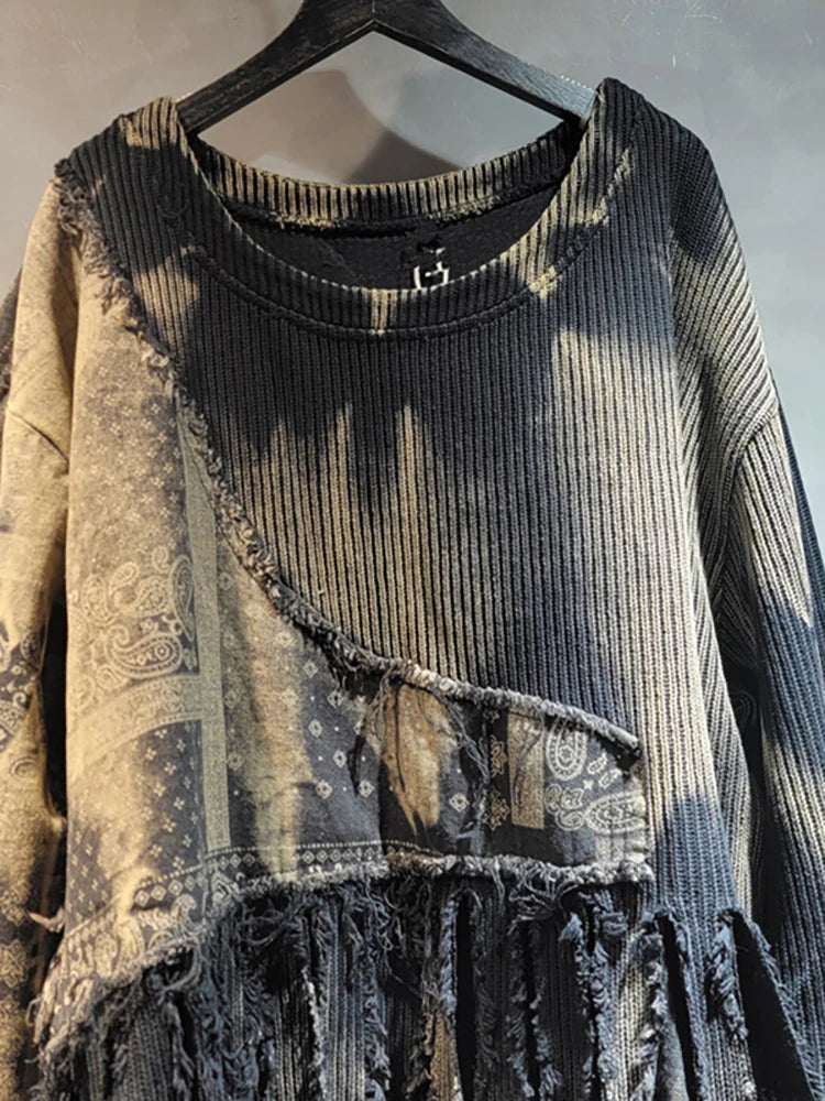 STORESDE DEAT Women Pullover Knitted Distressed Tie-dye Printed Black Vintage Tassel Long Sleeve Sweater Summer 2026 New Fashion 11A0969