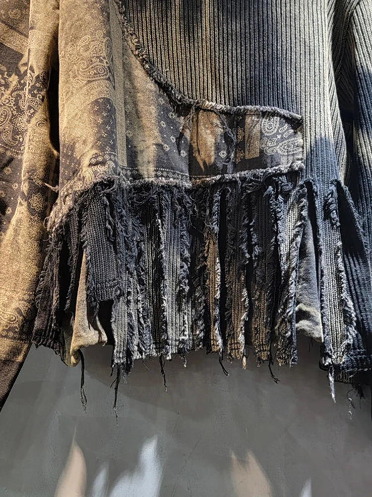 STORESDE DEAT Women Pullover Knitted Distressed Tie-dye Printed Black Vintage Tassel Long Sleeve Sweater Summer 2026 New Fashion 11A0969