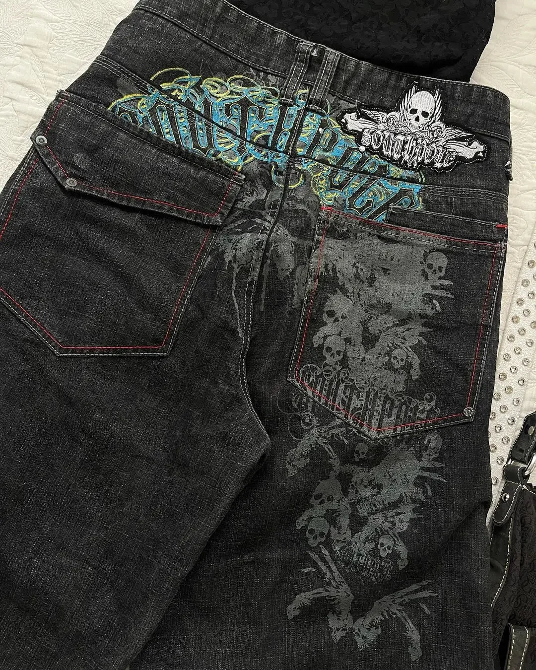 STORESDE Summer Black Skull Pattern Print Retro Men's Denim Shorts Y2K Street Jeans Sports Pants Commuting Casual Men's Wear