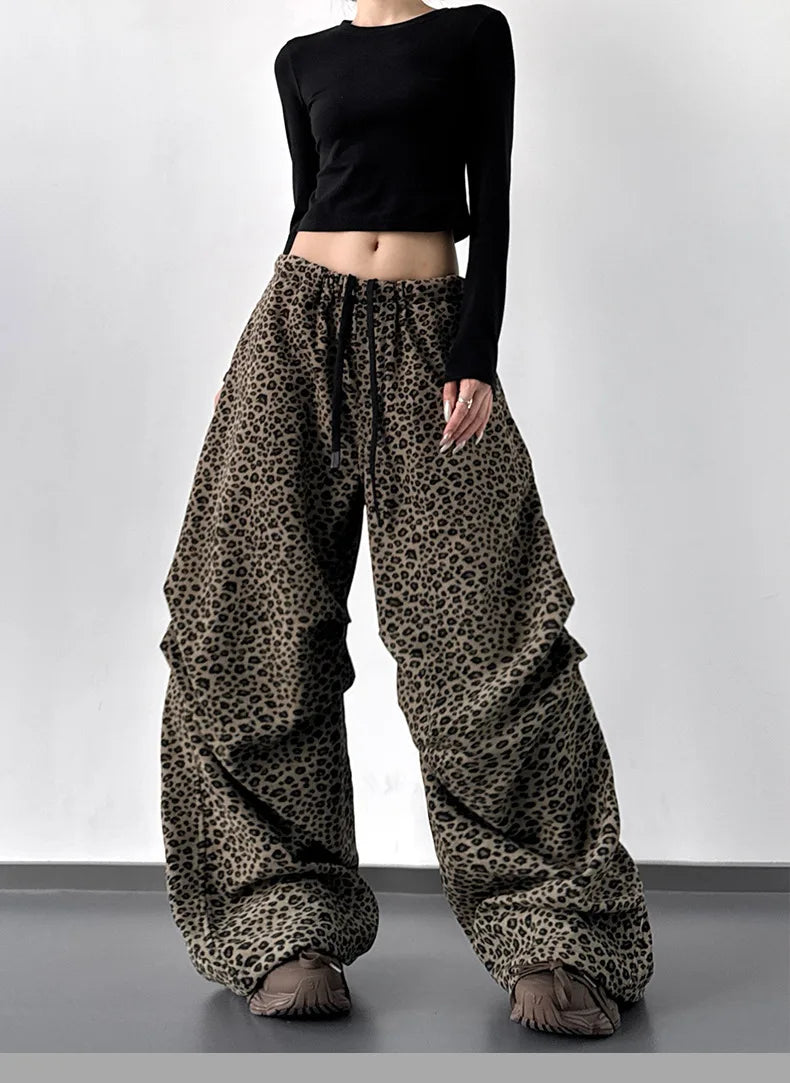 STORESDE Leopard Print Fleece Wide Leg Pants For Women Autumn Winter American Casual Fashion Retro Pleated Thicken Trousers