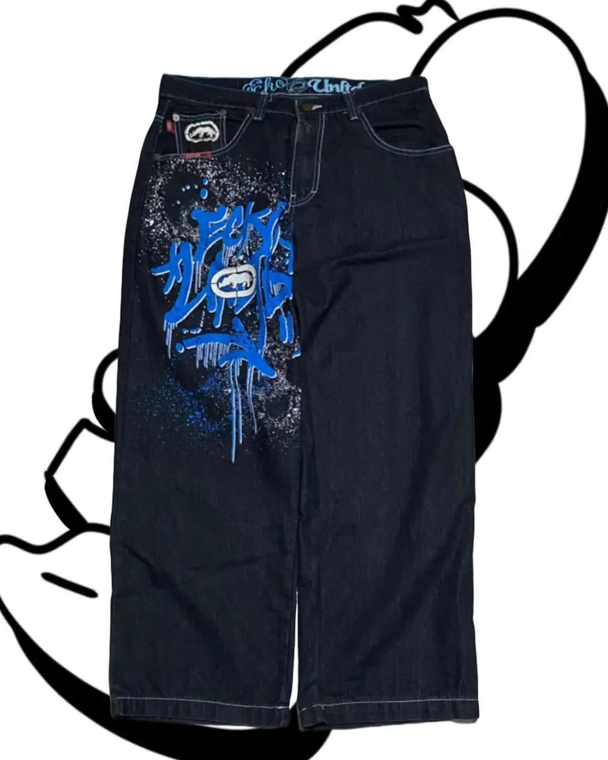 STORESDE American Fashion Printing Jeans Hip Hop Baggy Cross-legged Jeans Grey Wash Straight Mop Pants Men and Women