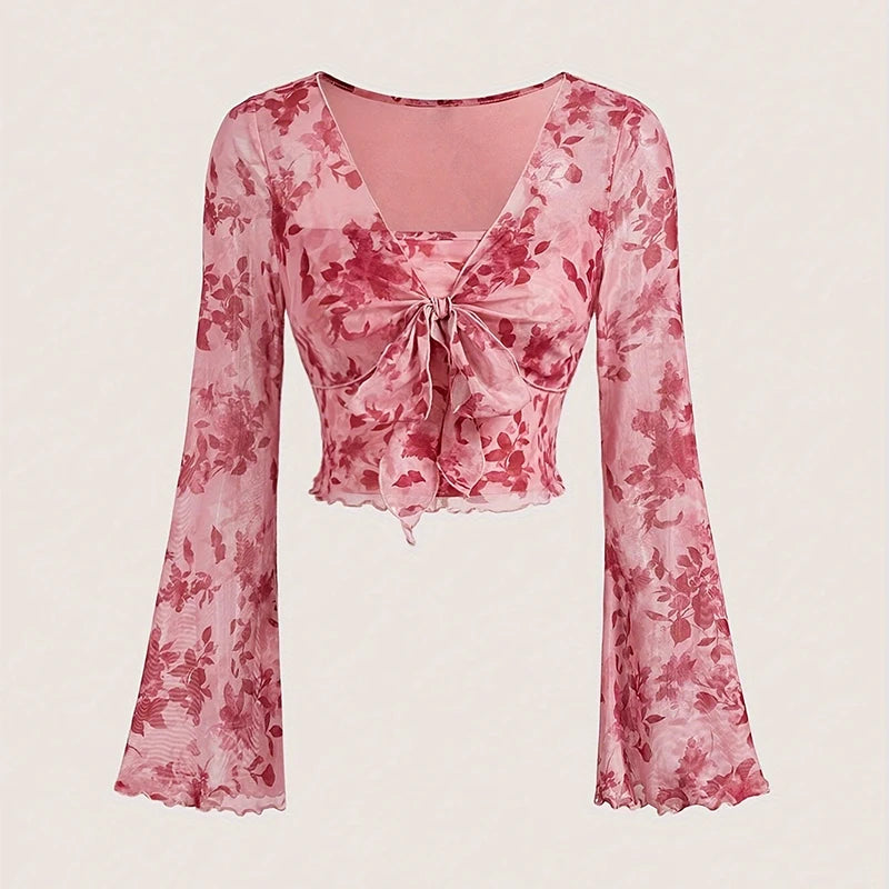 STORESDE Summer Women's Y2k Floral Printed Sweet V-Neck T-shirts Mesh Beach Party Dress Top Flare Sleeve Square Collar Lace Up Shirt 2025