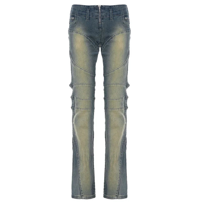 STORESDE Y2K Vintage Women Pants American Retro Split Jeans Swing Festive Style Splicing High Street Slim Fit Straight Leg Low Waist
