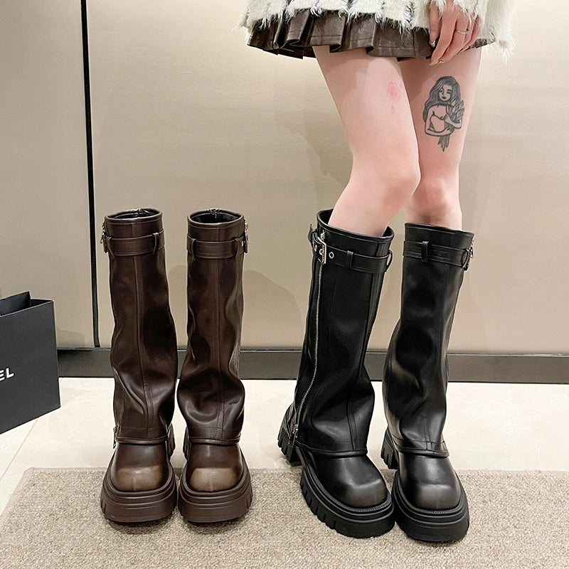STORESDE Winter Women Biker Boots Fashion Belt Buckle Ladies Elegant Platform Long Pipe Booties Casual Women's Knee High Booties2026