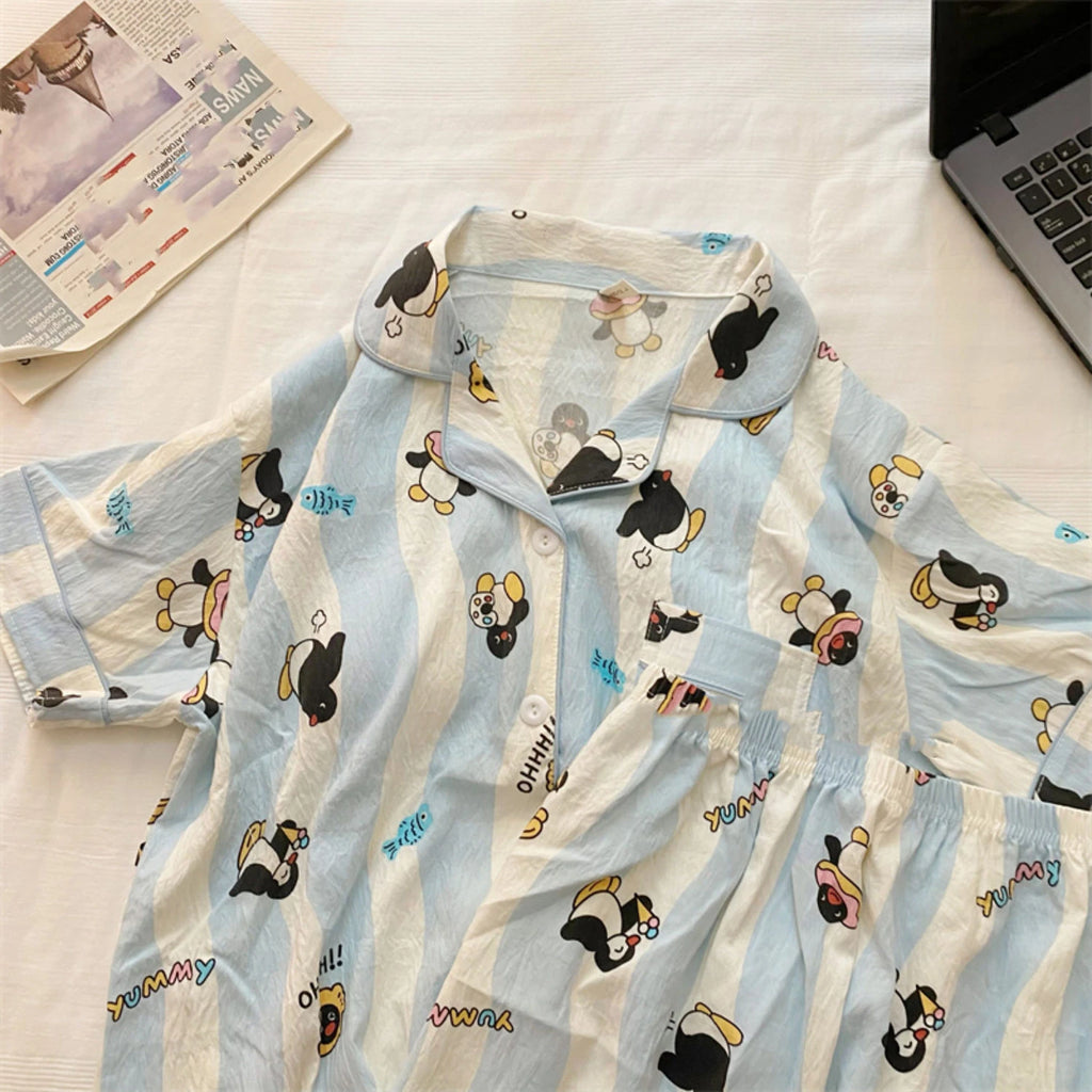 STORESDE Penguin Print Women Autumn Two Piece Pajama Set Long Sleeve V Neck Top & Elastic Waist Pants 2 Pieces Female Sleepwear Nightwear