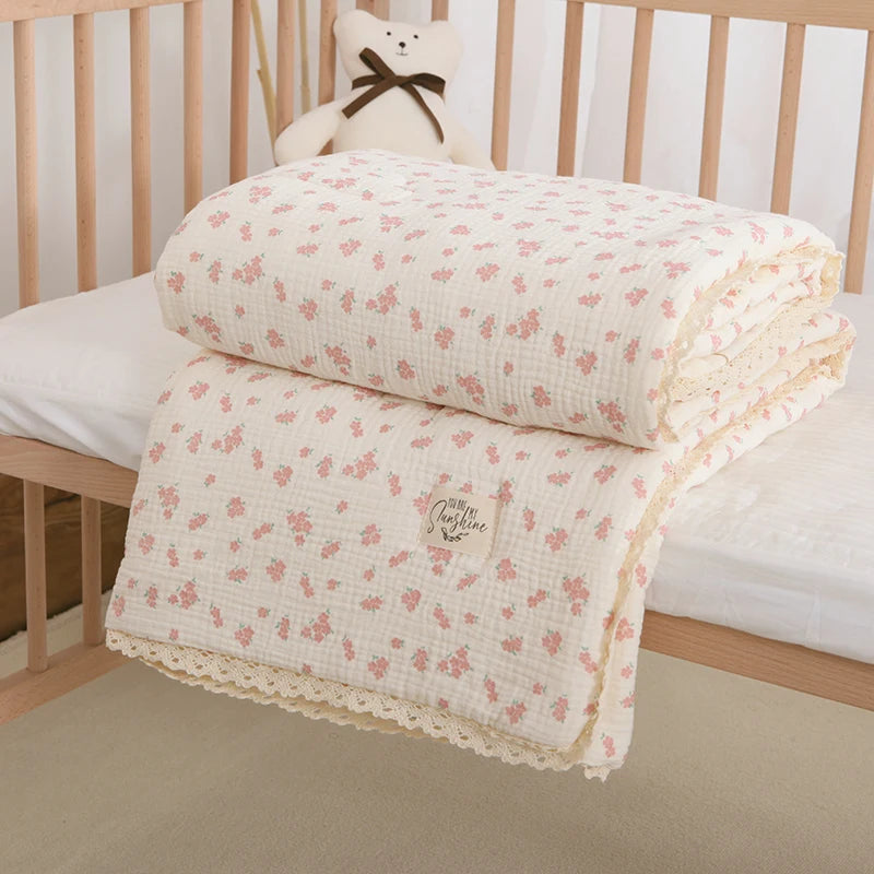 STORESDE Spring Summer Baby Comforter Soft Cotton baby quilts Gauze Quilted Blanket for Newborn Floral Print Kindergarten Kids Bedding