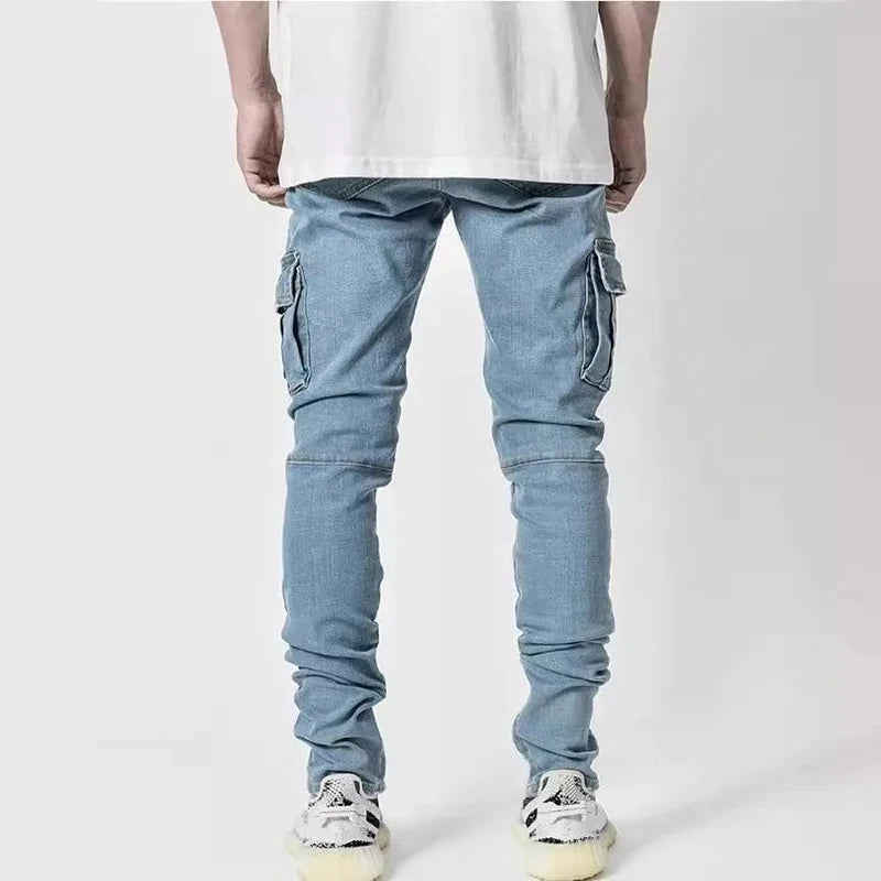 STORESDE Men Street Elastic Denim Jeans Wash Solid Color Multi Pockets Cargo Pants Casual Slim Fit Daily Wear Joggers Mid Waist Trousers