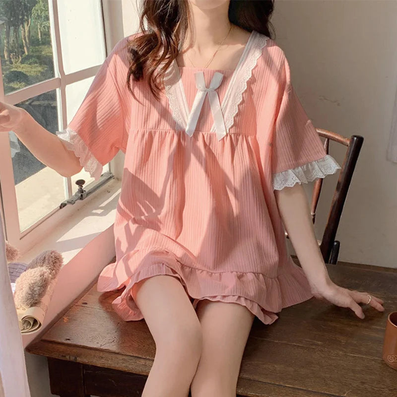 STORESDE Palace Style Pajamas Ladies Summer Loungewear Set Short-Sleeved with Cushion Korean Small Sweet Girlfriends Loungewear Set