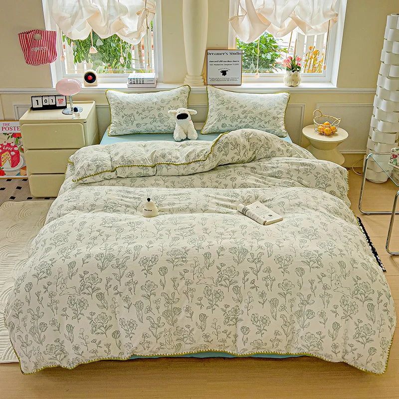 STORESDE Flower Printed Duvet Cover Sets Queen/King Bedding Set with Shell Edge Washed Cotton dekbedovertrek 240x220  이불 커버 Bed Cover Set