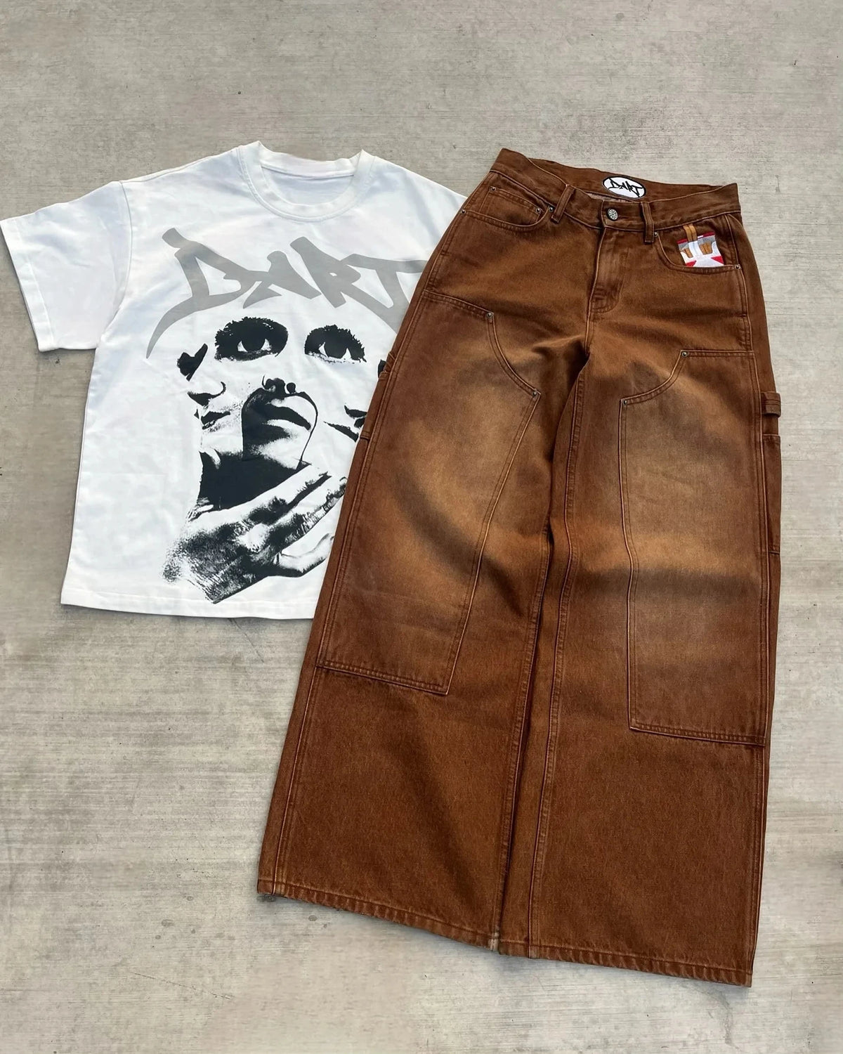 STORESDE Embroidered Smoke Pattern Denim Jeans Men Women Vintage Brown Gradient Wash Streetwear High Waisted Slim Fit Trousers