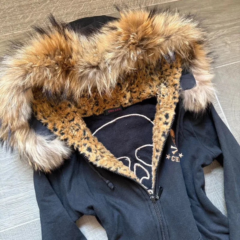 STORESDE American New Skull Embroidery Super Leopard Hooded Sweater Women Y2K Gothic Hip Hop Popular Casual Joker Sweatshirt