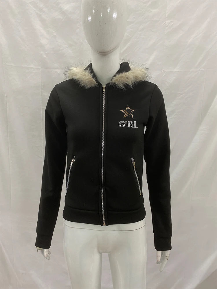 STORESDE Vintage American Retro White Letter Hoodie Women Winter Faux Fur Lined Zip Up Sweatshirt Cozy Pullover Streetwear 2026 new