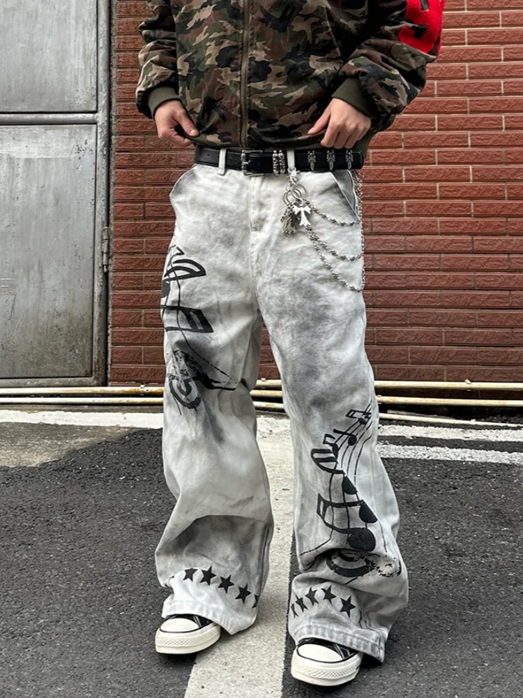 STORESDE 2026 American Retro Y2K Style Dirty Washed White Baggy Jeans Pants For Men Clothing Star Printed Straight Cotton Long Trousers
