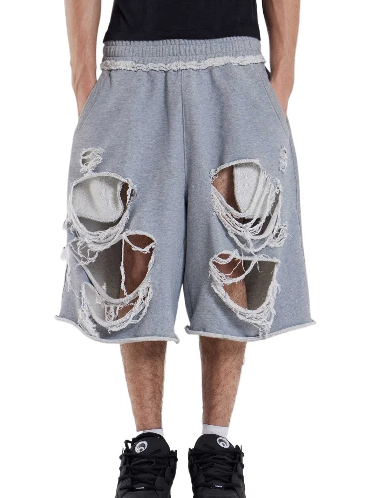 STORESDE HOUZHOU Gray Distressed Baggy Shorts Women Casual Grunge Wide Leg Sport Shorts Hip Hop Streetwear Oversized Holes Sweatpants