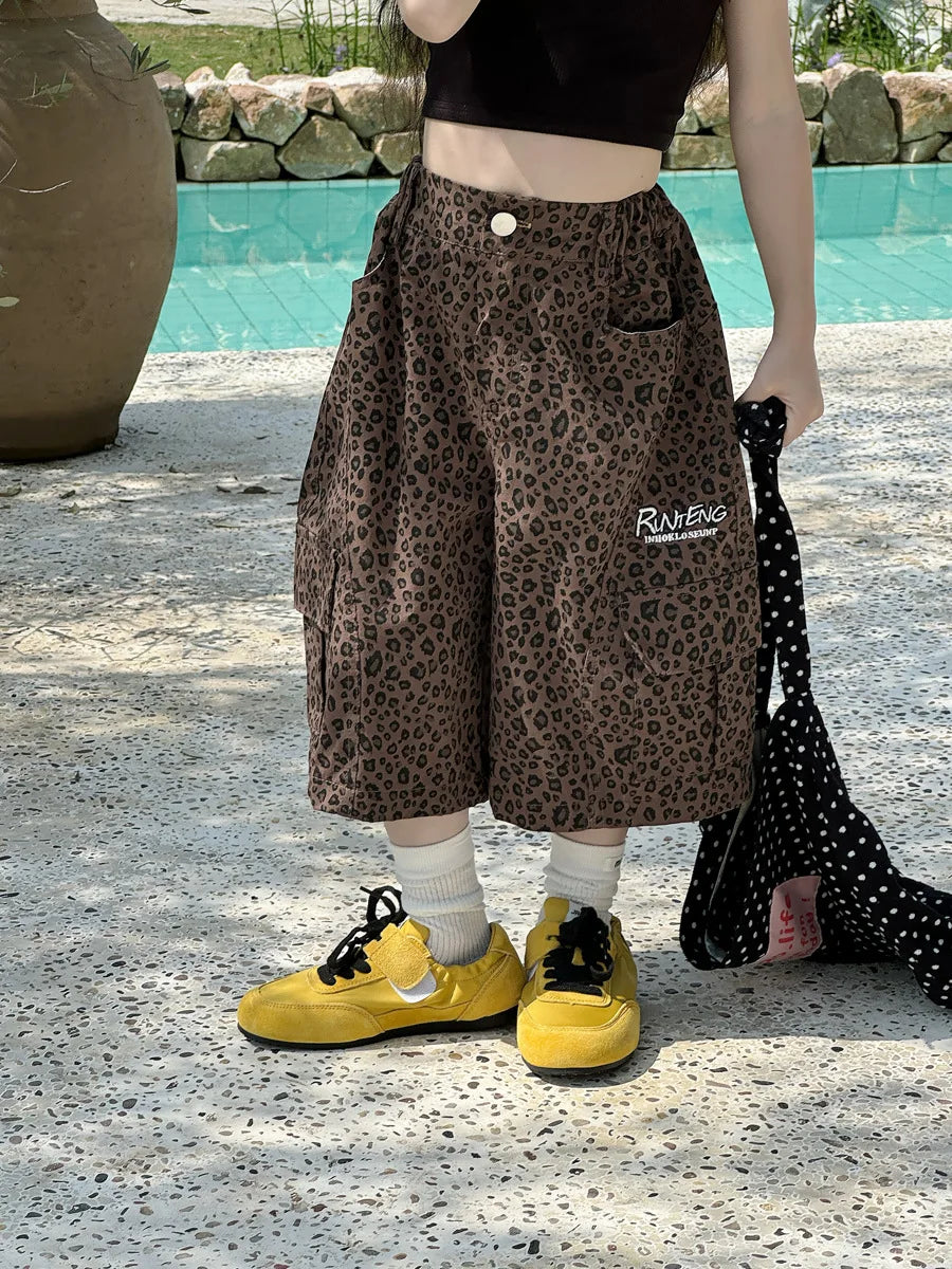 STORESDE Girl Pants 2025 Summer New Childrens Clothing Korean Style Girl Baby Retro Leopard Print Wide Leg Cargo Pants Casual Daily